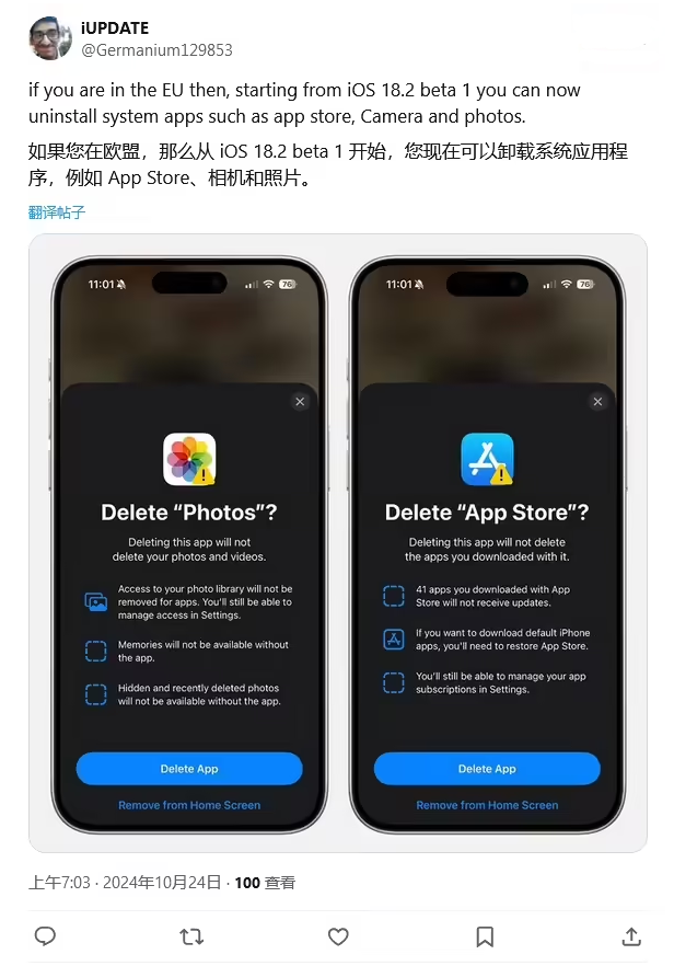 望牛墩镇苹果手机维修分享iOS 18.2 支持删除 App Store 应用商店 